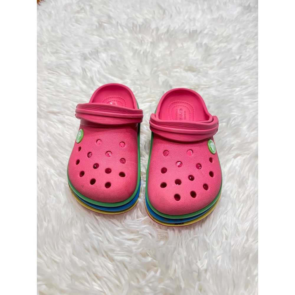 Crocs Kids Crocband Clog Pink Rainbow Stripe Sandals C10 Kids Shoes